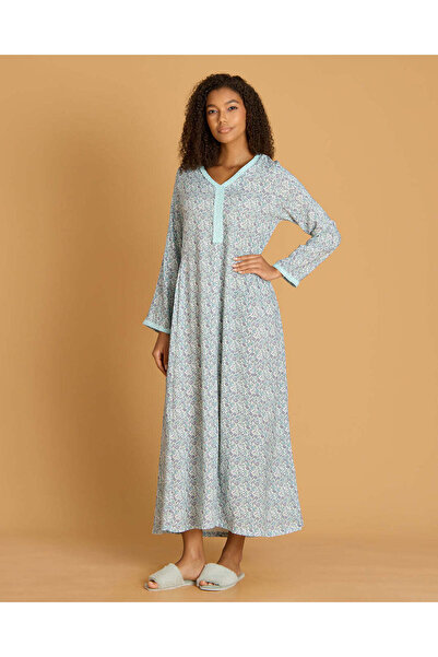 REDTAG Women Blue Allover Print Long Length Viscose Nightgown With Neck Detai...