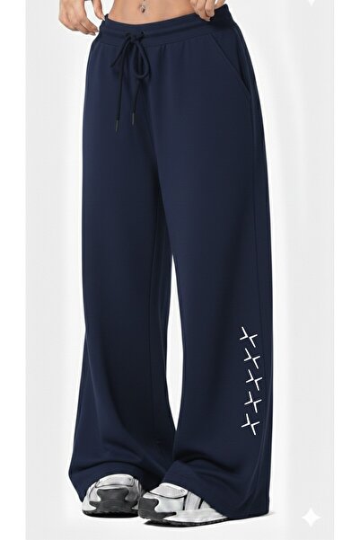 SAAT TEKSTİL Women - Printed Wide-Leg - Elastic Waist - Casual Sports Pants