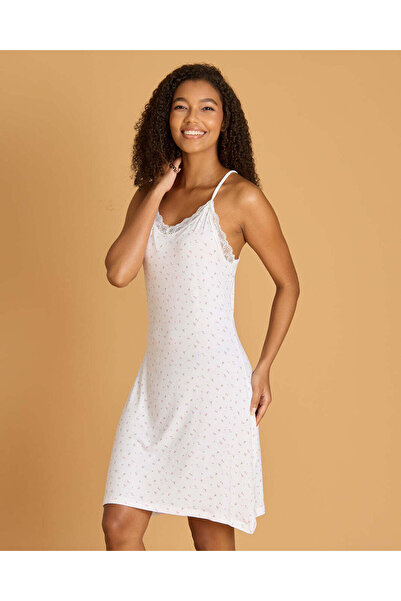 REDTAG Women White Printed Strappy Chemise With Lace