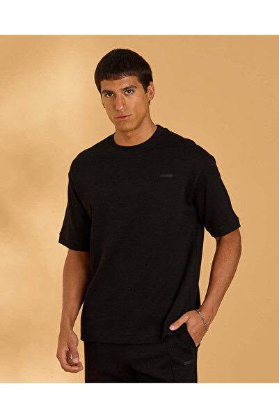 REDTAG Men Black Hooded Lounge T-Shirt