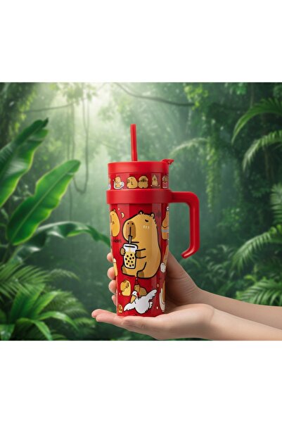 Kuzey Tacı Kapibara Patterned Thermos Cup with Straw Large Size Straw Mug Sta...