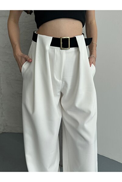 solena sln Women's White Bridge Detailed Belted Palazzo Trousers