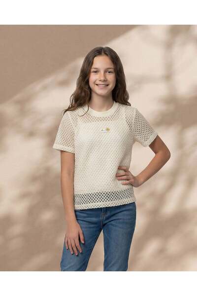REDTAG Senior Girls Cream Textured Mesh Top