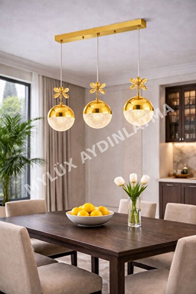 MYLUX AYIDINLATMA VE TASARIM ŞEKER YEMEK MASASI LEDLİ 3LÜ AVİZE GOLD-PARLAK V...