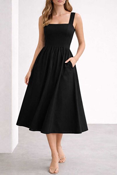 Benedetto Νέα σεζόν Γυναικείο φόρεμα μίντι με τετράγωνο λαιμό, ελαστική μέση,...