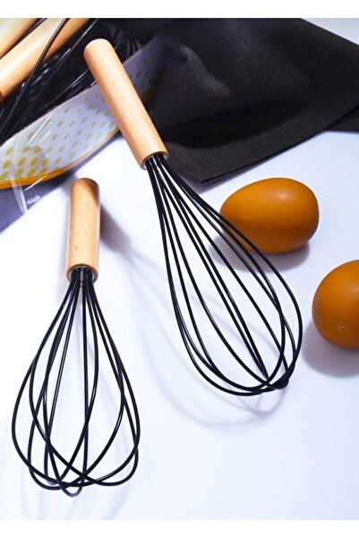 elfnur Bamboo Strappy Whisk Kitchen Silicone Whisk Food 30 cm Black and White