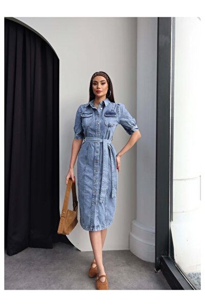 ESRAHELVACI Boydan Düğmeli Kuşaklı Denim Elbise