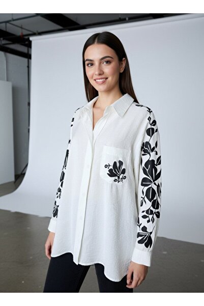 vellum butik CEP VE KOL DESENLİ VİSKON GÖMLEK