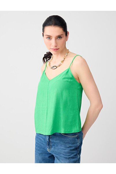 Jimmy Key بلوزة خضراء بياقة على شكل حرف V كتان مزيج من منسوج قطعة