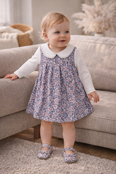Uğur bebe Soft Gray Floral Dress & Peter Pan collar Corded Fabric Body Combin...