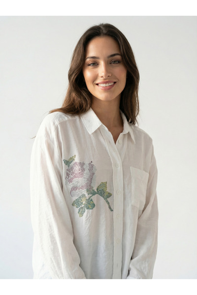 vellum butik GÜL DETAYLI VİSKON KADIN GÖMLEK