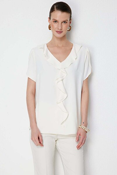 Ekol Fırfır Detaylı V Yaka Bluz