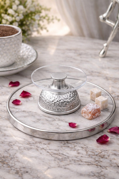 ARGKRİSTAL Gümüş Dekoratif Dövmeli Ayak Lokumluk & Sunumluk – 8 cm pleksi gla...