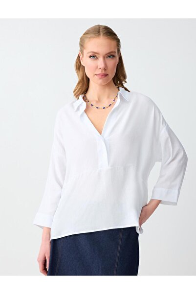 Jimmy Key Off-White Loose Shirt Collar Linen Blouse