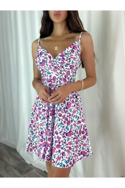 WoolnClyde Women's Lilac Floral Print Double-Breasted Collar A-Line Model Off...