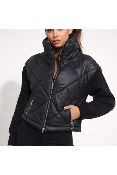 Nobrand Geacă Damă Neagră Matlasată cu Mâneci Tricotate – Model Modern Urban,...