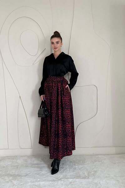 Elbee Fashion Woman Μακριά φούστα με κορδόνια μπορντό Leopard