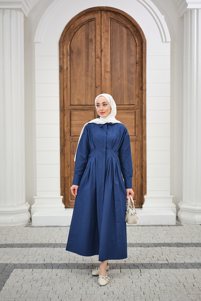 LOCCO Kadın Beli Pileli Gömlek Yaka Gizli Düğmeli Elbise Lacivert