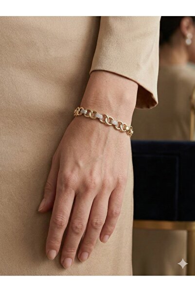 ESRADA 3S Gold Steel Bracelet with Interlocking Ring Design and Stones