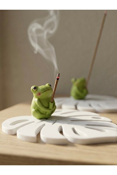 Handmade Dekoratif Kurbağa Figürlü Monstera Yaprağı Tütsülük - Estetik Masaüs...