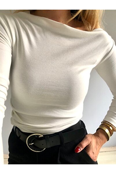 Gözde Tasarım Butik Women's White Ecru Color Boat Neck Cotton Piece Body Blouse