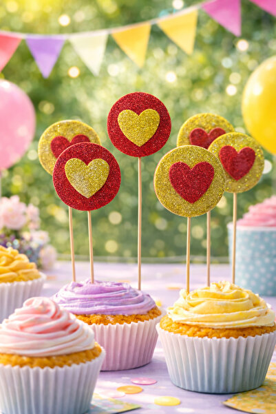 Happyewent Glittery Party Toothpicks with 10 Hearts – Red Gold Cake and Cupca...