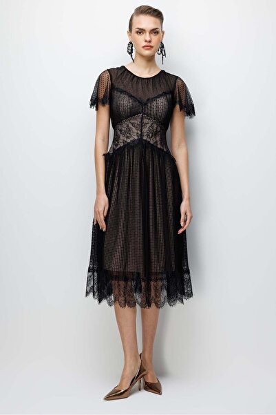Nefeli Dantel Garnili Tül Elbise SİYAH