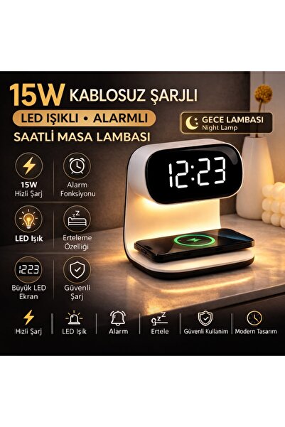 Polham 15W Kablosuz Şarjlı LED Masa Lambası Saat | Alarm Özellikli Dijital Sa...
