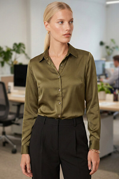 armonika Cămașă de damă kaki din satin cu mânecă lungă ARM-26K001096