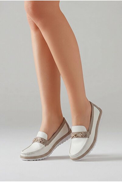 Voyager V26YA-Z525 Beyaz Cilt Deri Taşlı Kadın Comfort Babet Ayakkabı