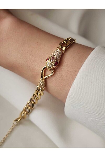 ZÜLİSCH YILAN BİLEKLİK ZİRKON TAŞLI KIRMIZI GÖZLÜ 14K GOLD 316L ÇELİK SUYA DA...