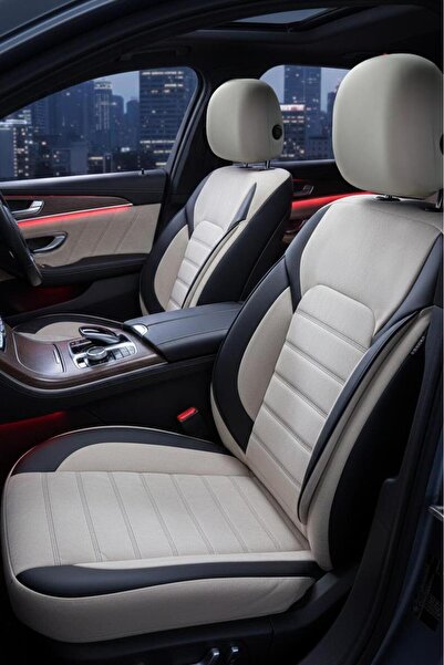 Esin Nove Anti-Sweat Luxury Linen Fabric Leather Detailed Auto Seat Cover Beige