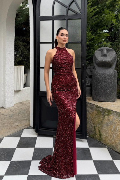 Sindimoda Carolina Dik Yaka Payet Yırtmaç Detay Abiye 1175