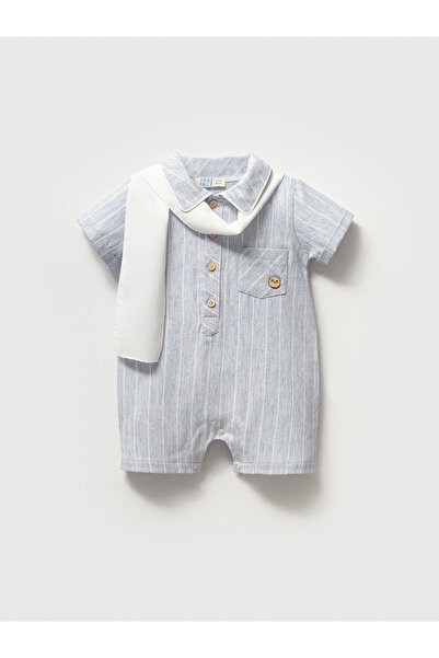 NoyNoy Baby Erkek Bebek Çizgili Keten Görünümlü Kısa Kollu Fularlı Müslin Tul...
