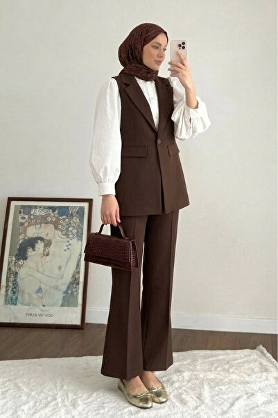 Women's One-Button Detail Double Fabric Vest Pants Set - Brown