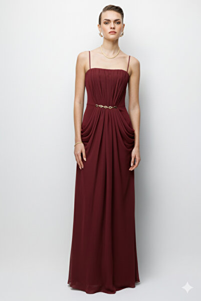 Nefeli Bel Aksesuar Detaylı Drapeli Maxi Boy Elbise BORDO