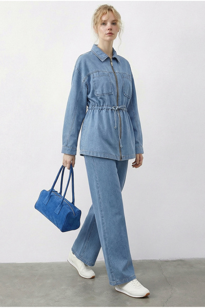 Bianco Lucci Women's Zippered Waistband Tie-Detail Pocket Detail Denim Top an...