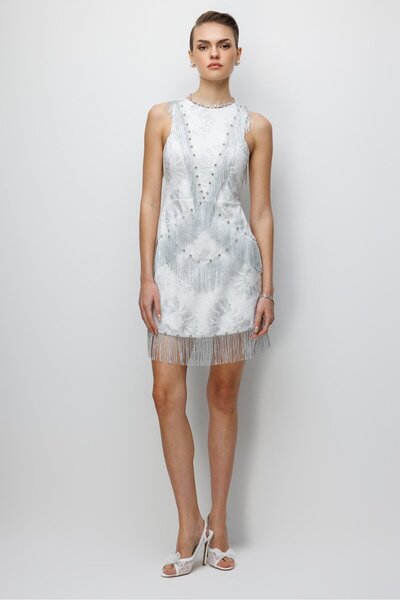 Nefeli Çiçek Desenli Püskül Ve İşleme Detaylı Mini Elbise EKRU