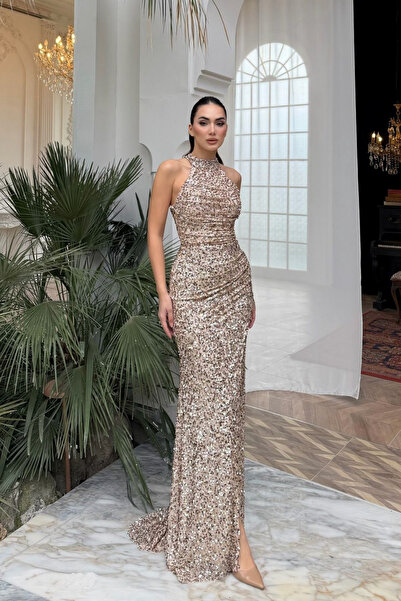 Sindimoda Carolina Dik Yaka Payet Yırtmaç Detay Abiye 1175