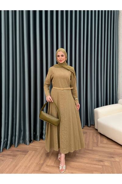 demet's collection Melisa Keten Kemerli Pili Detaylı Uzun Elbise