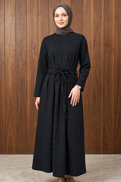 FERHEL Women's Draped Waist Double Laced Brioche Knit Fabric Hijab Long Dress...