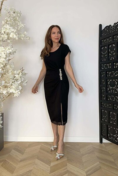 gesmoda G1764 Etek Ucu Dantelli Taş Detaylı Elbise Siyah