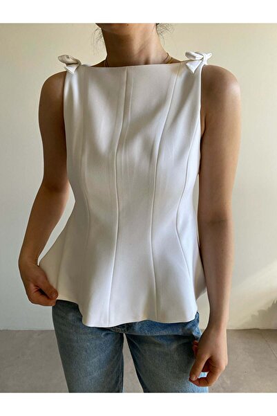 Bade Butik Ecru Bow Tie Lined Peplum Blouse