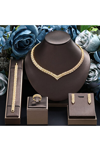 jewelrystore طقم فاخر من أربع قطع مرصع بالكامل بالألماس على شكل سنابل قمح على...