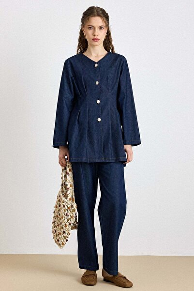 Olcay Beli Pens Detailed Jacket and Trousers Denim Set Dark Blue 9446-Tk