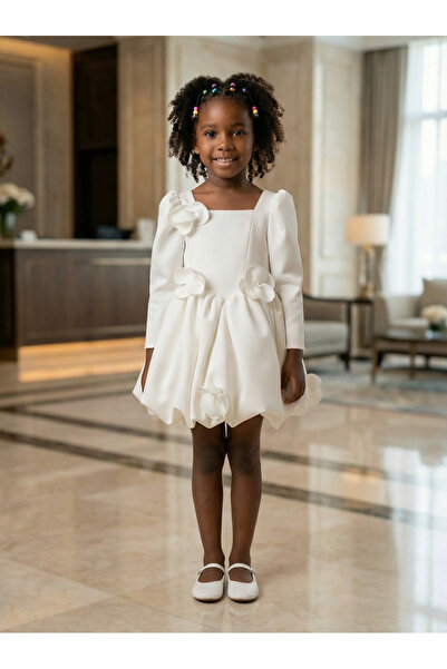 She Dress By Kubra Aksoy Kız Çocuk 23 Nisan Özel Seri Beyaz Çiçek Detaylı Uzu...