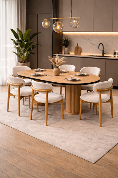 Lif Mobilya 6 Kişilik Polo Sandalye Mutfak Takımı - Tasarım Masa MDF Meşe Renkli