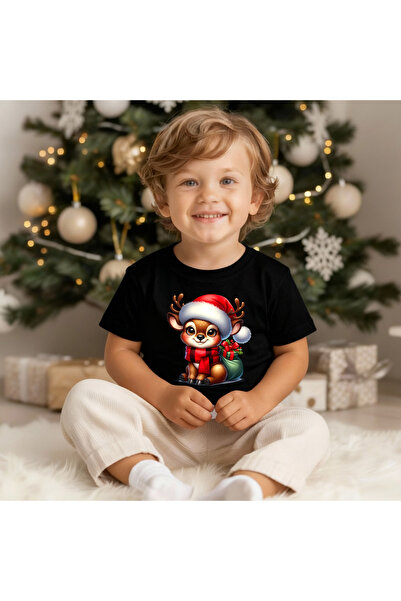 Kartier Tricou Copil Negru Renul cu sacul de cadouri