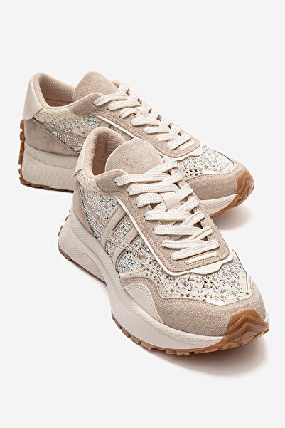 LuviShoes Sorell Beige Stone Lace-Textured Women's Casual Sports Shoes