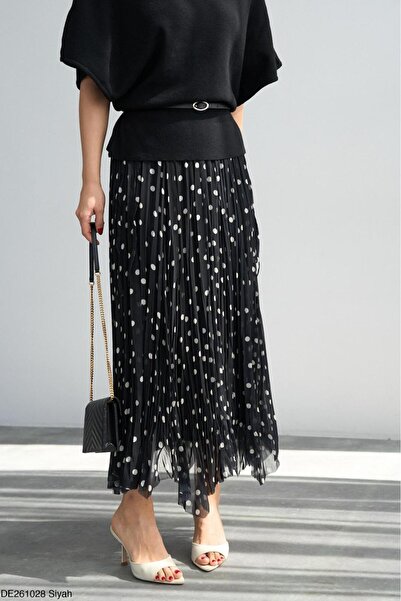 CADDELAMODA Asimetrik Kesim Astarlı Puantiyeli Şifon Etek